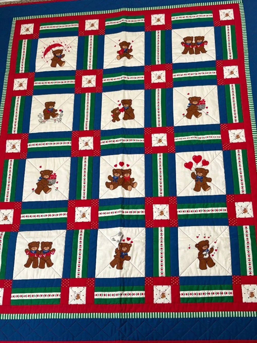 Handmade Quilted Throw Teddy Bear Heart Valentine Squares Cornerstones Nursery
